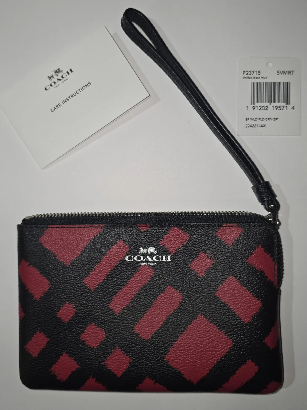 COACH Zip Wristlet Red Black Plaid Print NWT
